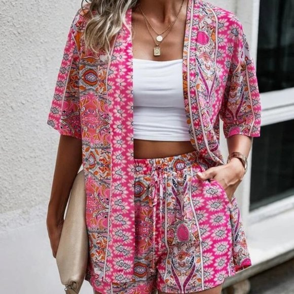 Boho Pink Paisley Open Front Kimono Top & Shorts Set - Picture 1 of 5